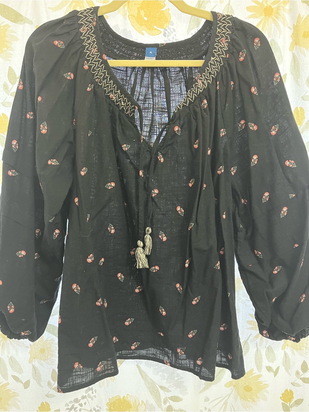 Old Navy Black Peasant Blouse with Red Floral Motif and Tassel
